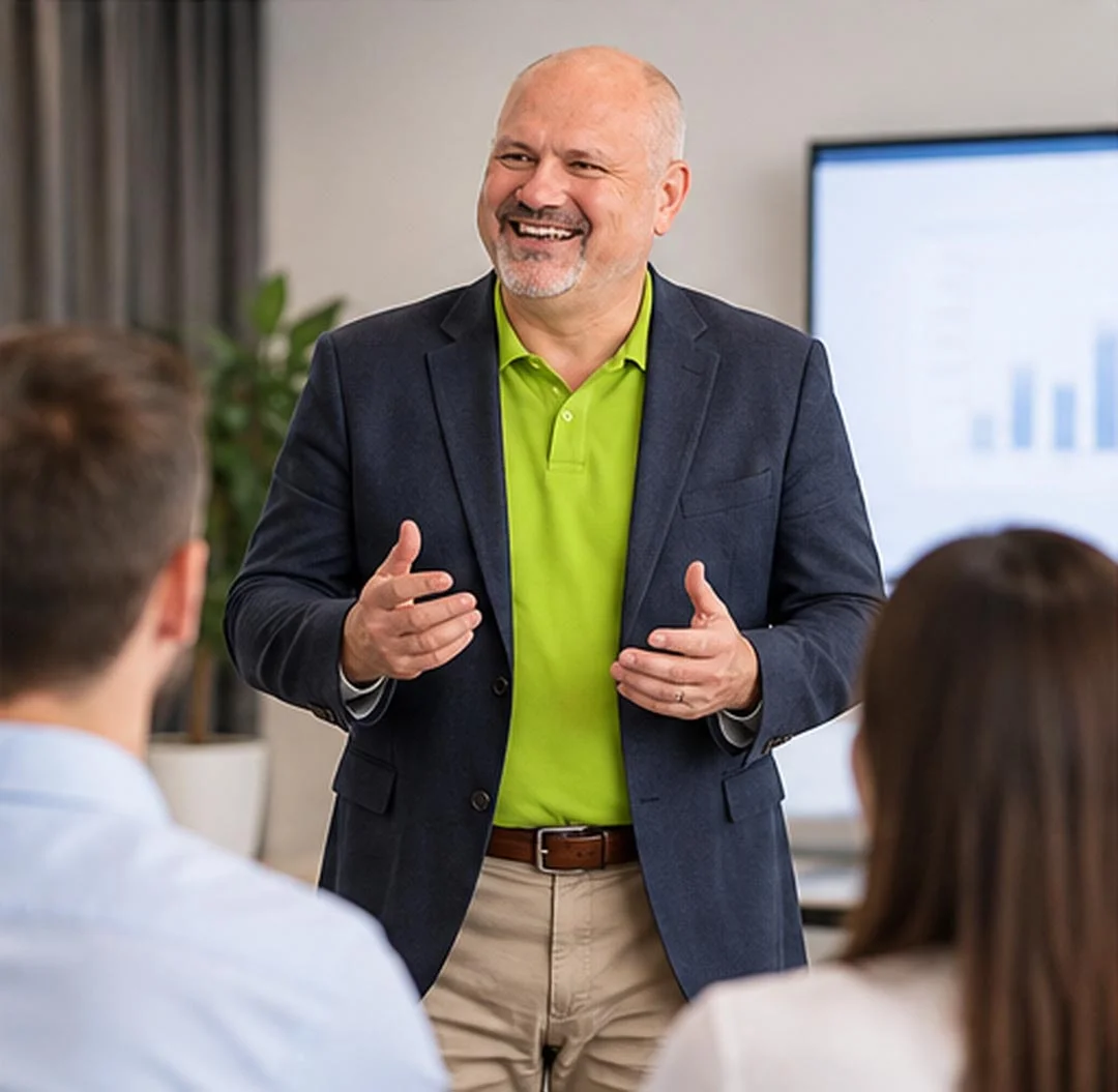 Daniel Schindler, Inhaber und Geschäftsführer der ihoch3 CONSULTING gmbh bei einer Teambesprechung