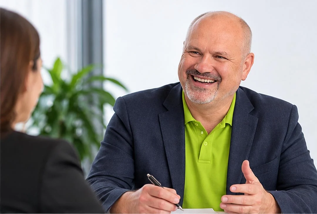 Daniel Schindler, Inhaber und Geschäftsführer der ihoch3 CONSULTING gmbh beim Mitarbeitergespräch
